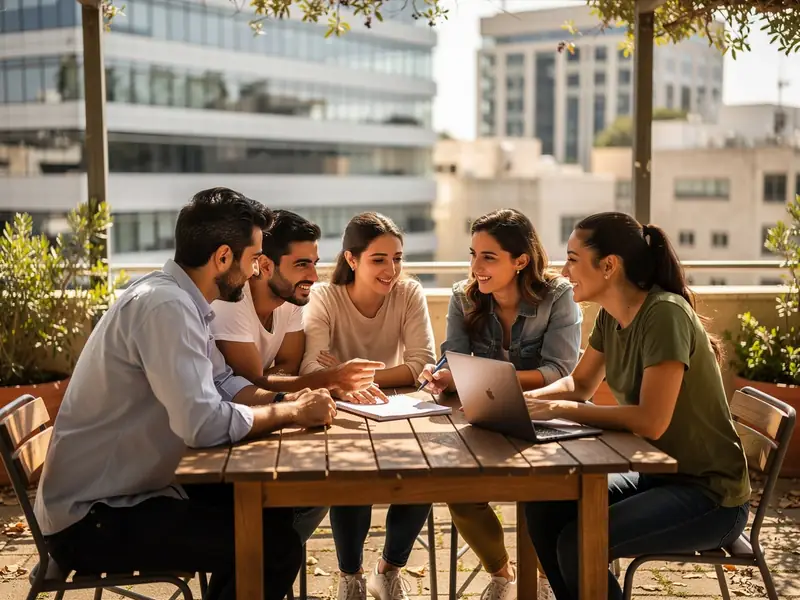 צוות עובדים מתכנן פעילות משותפת בגינה עירונית באזור המרכז