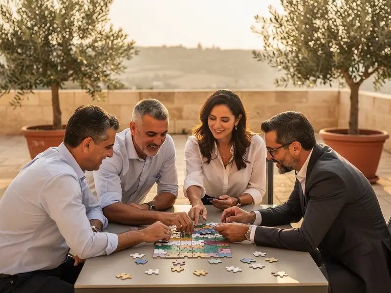 חברי צוות משתפים פעולה בחצר אבן כללית באזור ירושלים