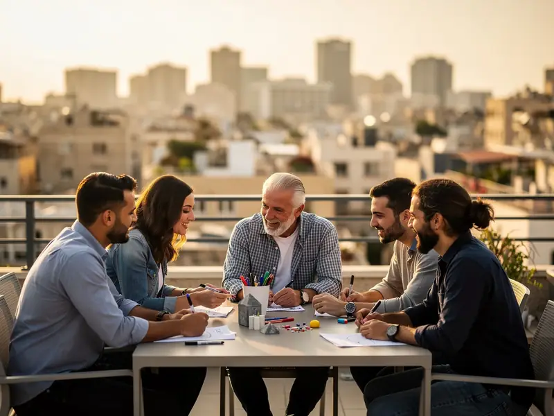 חברי צוות בפעילות משותפת על גג עירוני בתל אביב