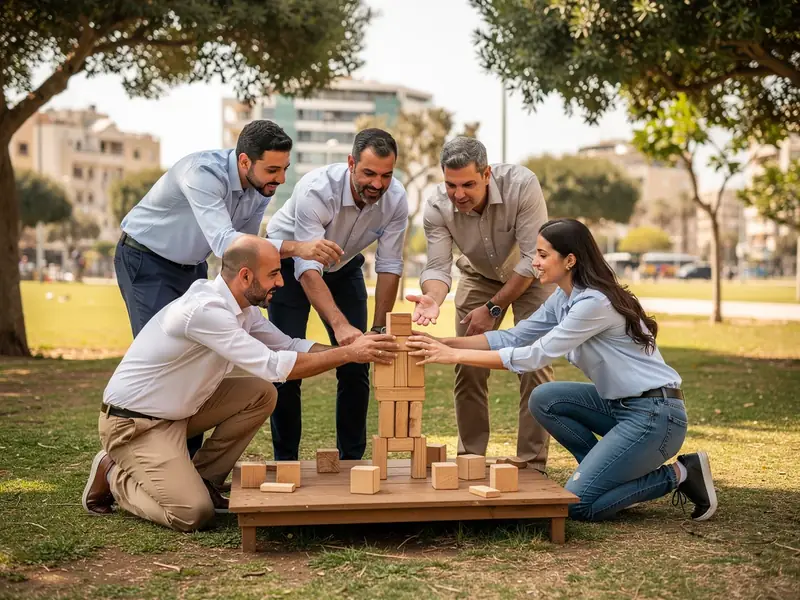 עובדים משתפים פעולה במשחק קבוצתי בפארק עירוני בתל אביב