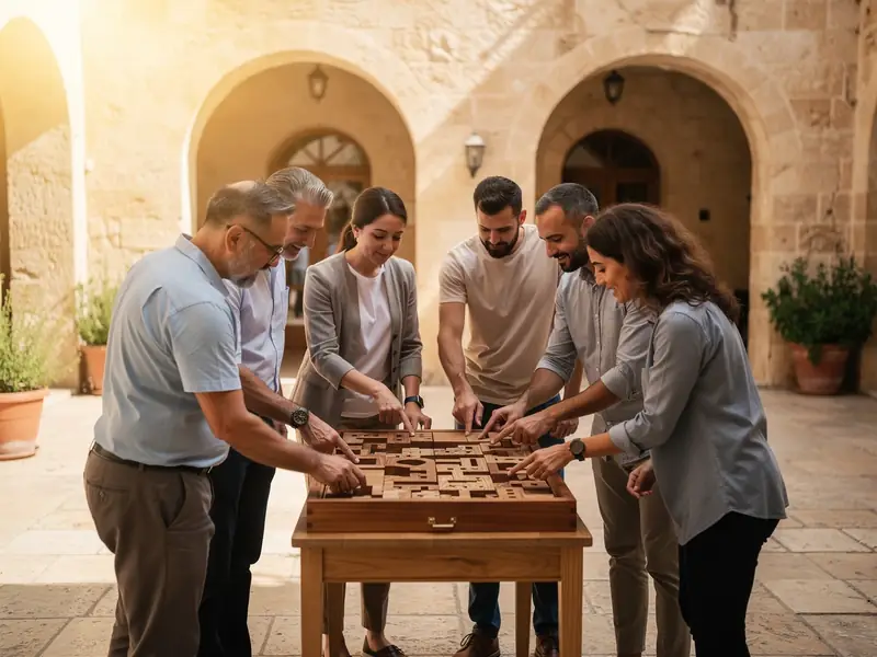 עובדים פותרים יחד משימה בחצר אבן כללית באזור ירושלים