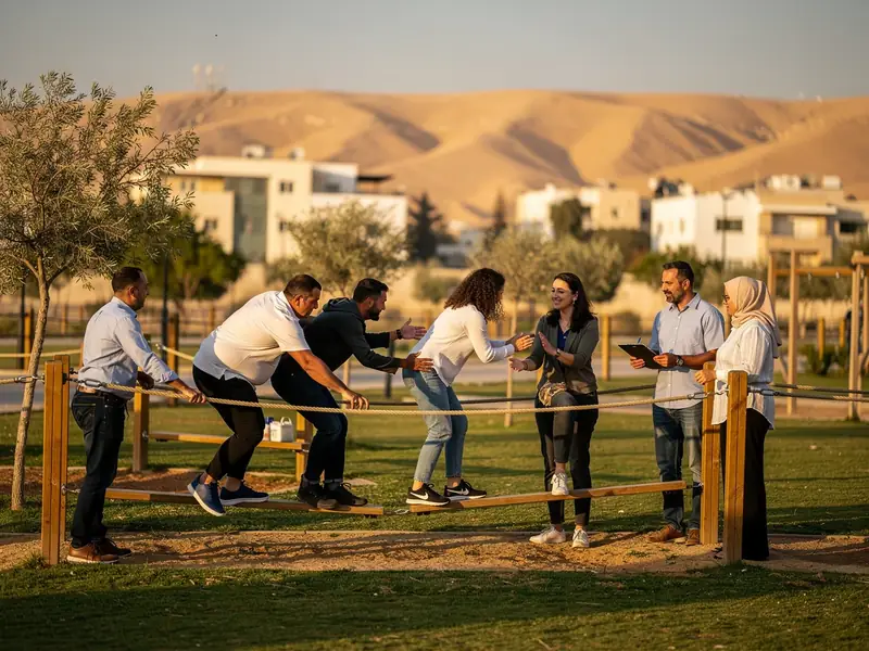 קבוצה משתתפת באתגר משותף בפארק מדברי באזור באר שבע