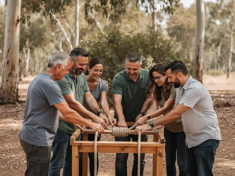 קבוצה פותרת יחד אתגר עץ וחבלים בחורש באזור המרכז