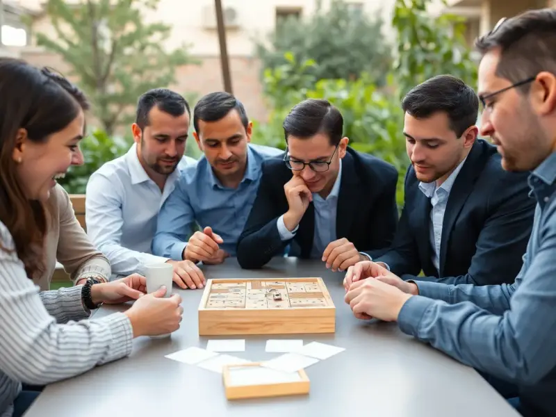 צוות קטן פותר יחד משחק חשיבה בגינה עירונית באזור המרכז