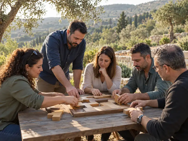 צוות מרכיב יחד משחק עץ בגינה הררית כללית באזור הכרמל
