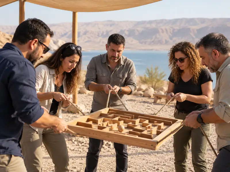 צוות מנחה יחד מבוך עץ בנוף מדברי כללי באזור ים המלח