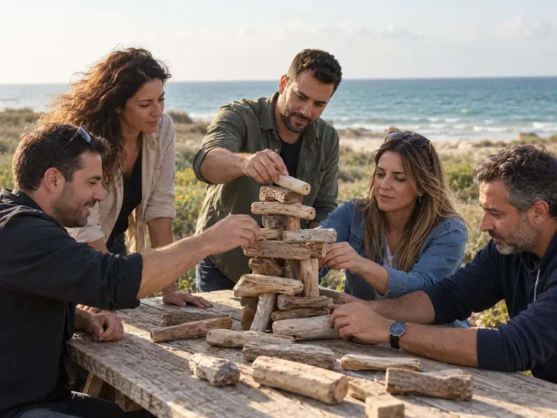 עובדים בונים יחד מגדל מעצי סחף בחוף כללי באזור דור