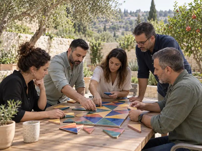 צוות פותר יחד פאזל אריחים בגינת אבן כללית בהרי ירושלים