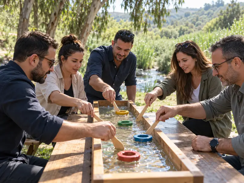 צוות משתף פעולה במשחק מים בסביבה ירוקה כללית בעמק המעיינות