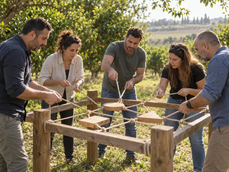 צוות מתאם יחד משחק חבלים במטע כללי באזור עמק חפר