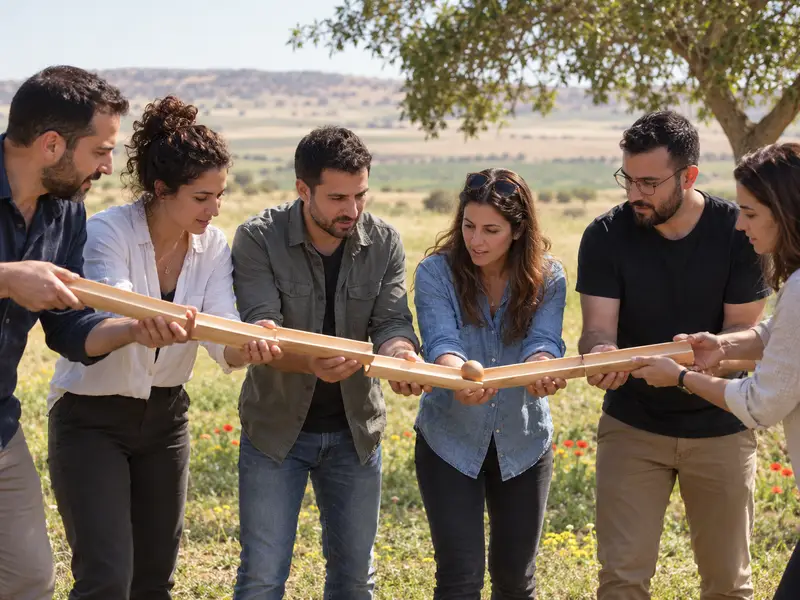 עובדים מעבירים יחד כדור במשימת צינורות בשטח חקלאי כללי במערב הנגב