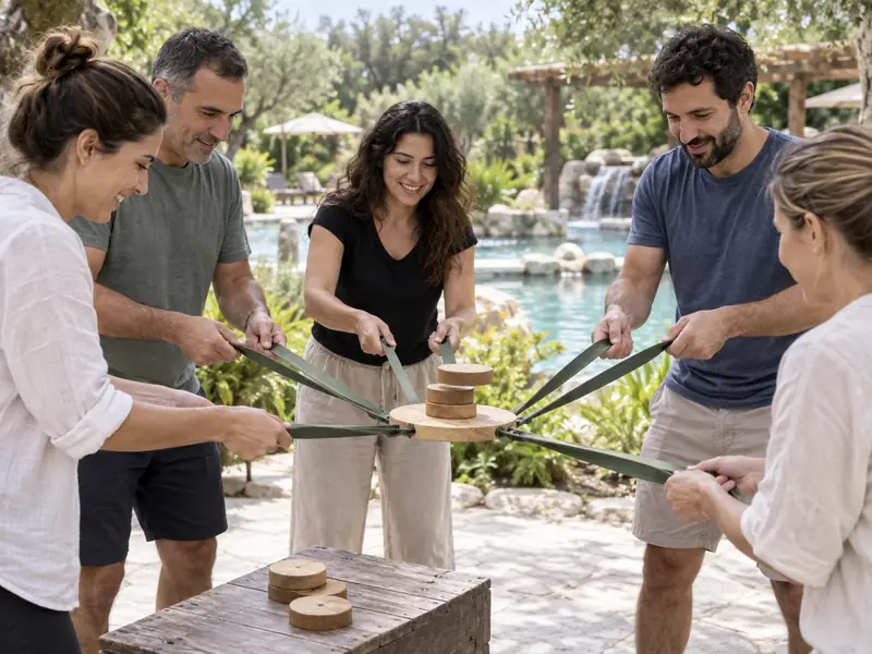 עובדים משתפים פעולה בתרגיל איזון בגינת מרחצאות כללית באזור געש
