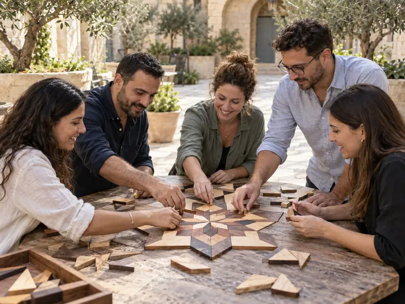 חברי צוות מרכיבים פסיפס עץ בחצר אבן כללית בירושלים