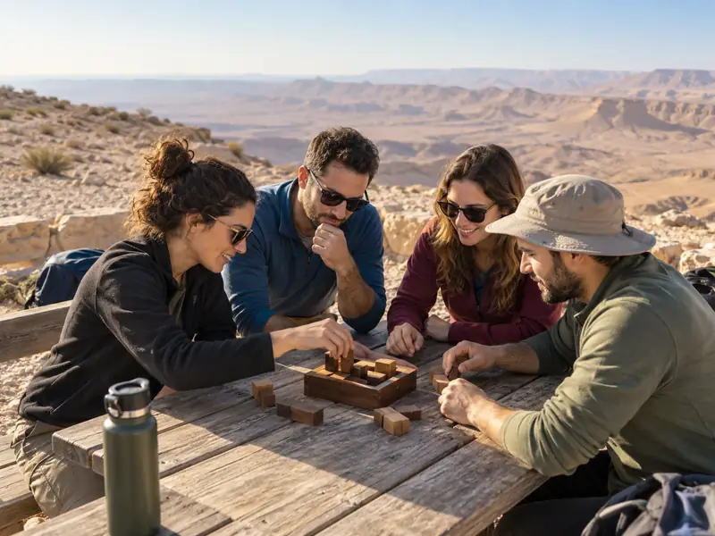 צוות פותר יחד פאזל עץ בנוף מדברי כללי באזור מצפה רמון