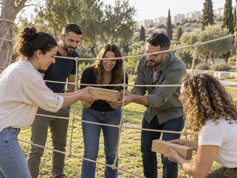 חברי צוות מעבירים חלקי עץ דרך רשת חבלים בפארק כללי במודיעין
