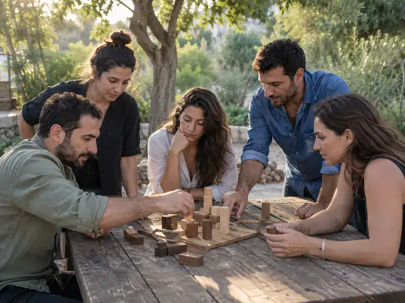 צוות עובדים פותר יחד אתגר עץ בגינה כללית באזור המרכז