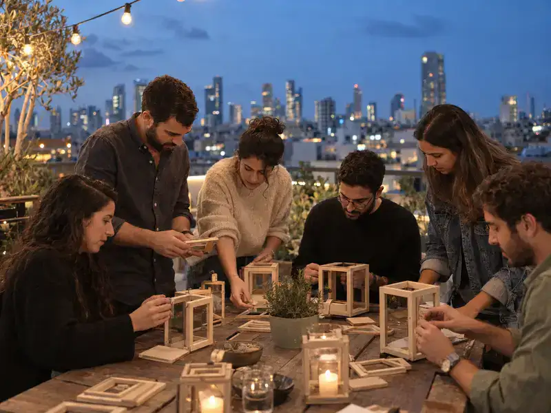 צוות בונה עששיות בפעילות ערב על גג עירוני כללי באזור המרכז