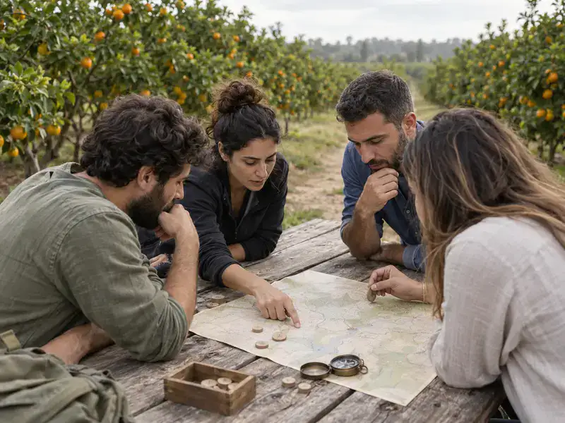 צוות קטן פותר יחד משימת ניווט בפרדס כללי באזור השרון
