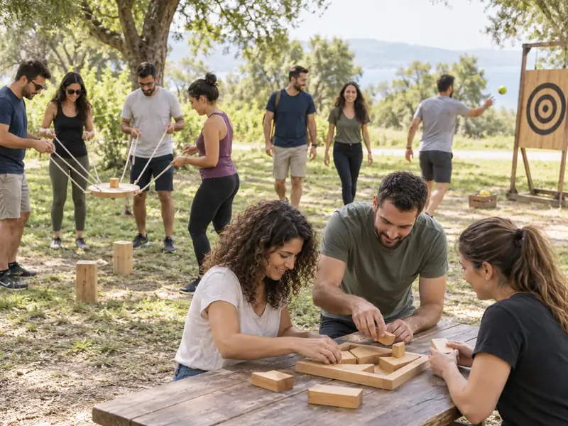 קבוצה משתתפת בכמה תחנות של משחקי גיבוש בטבע