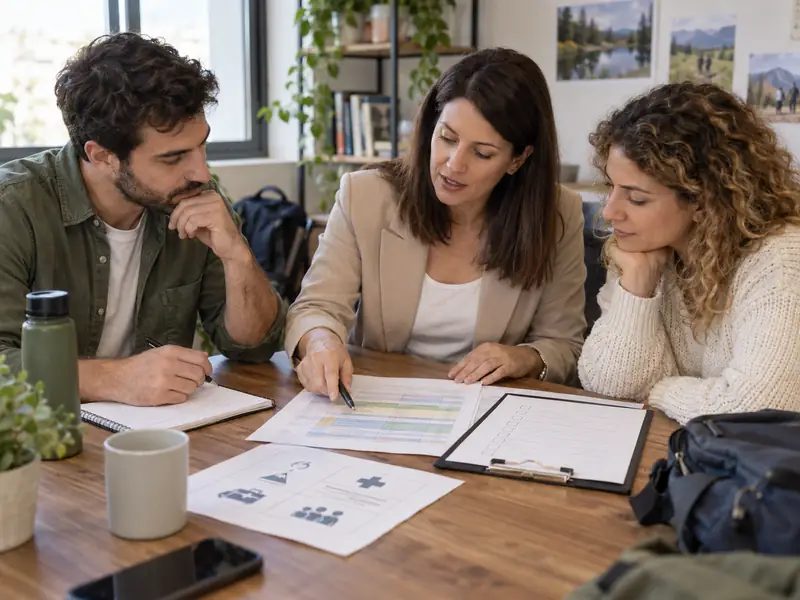 מנהלת משאבי אנוש ועובדים בודקים יחד תכנית ליום גיבוש