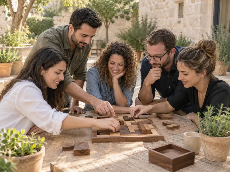 צוות מרכיב יחד פאזל עץ בחצר אבן כללית בירושלים