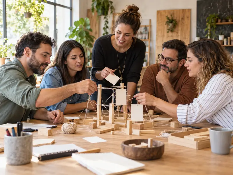 מנחה וצוות בונים יחד דגם בסדנת גיבוש מעשית