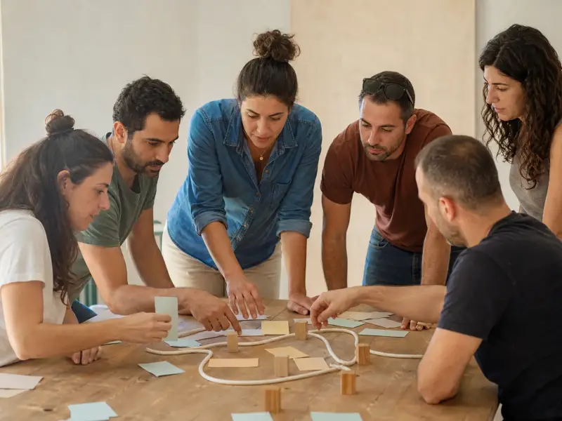 צוות הדרכה מתרגל יחד משימת תכנון ותקשורת קבוצתית