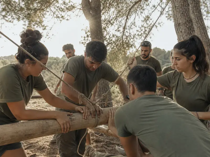 קבוצת חיילים בלבוש אימון כללי משתפת פעולה במשימת שטח