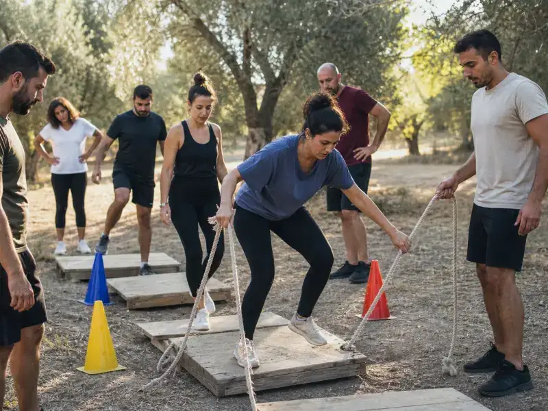 קבוצה משתפת פעולה בתחנת אתגר קבוצתית בחורש