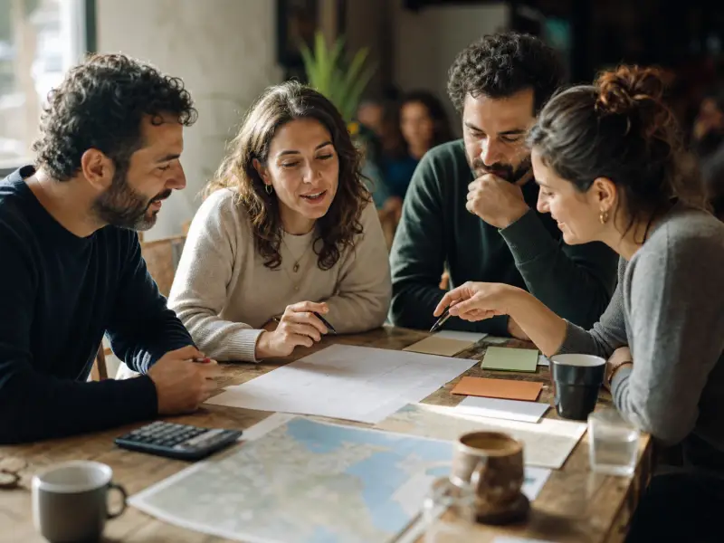 צוות מתכנן יחד יום גיבוש בעזרת לוח זמנים וכרטיסיות