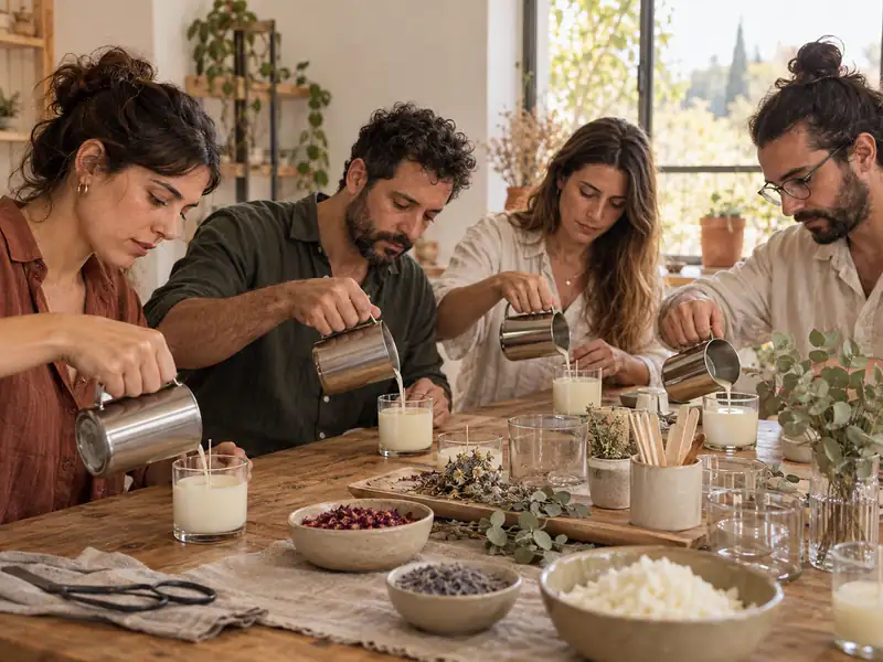 חברי צוות יוצקים שעווה לכלי זכוכית בסדנת נרות