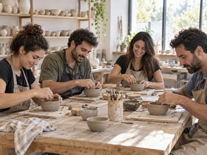 חברי צוות מעצבים קערות חימר בסדנת קרמיקה