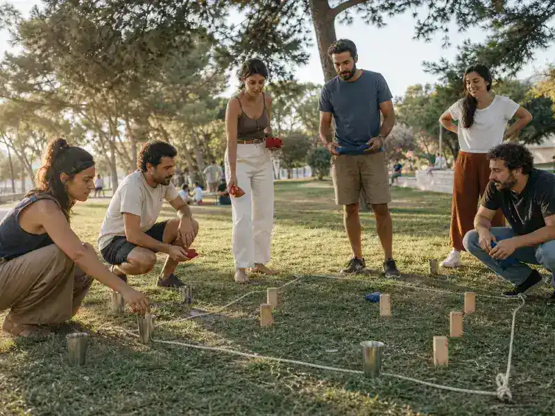 חברי צוות מפעילים משחק שיתוף פעולה פשוט בפארק