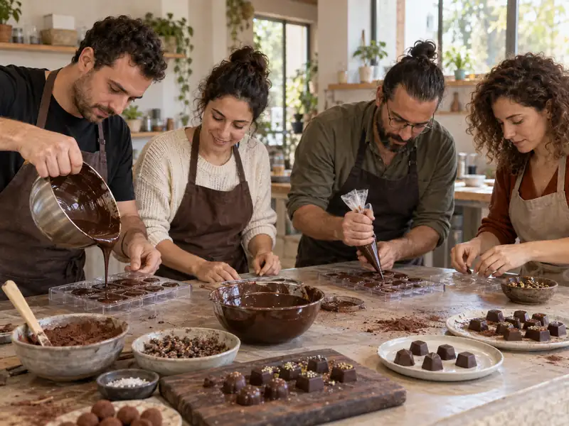 צוות מכין פרלינים משוקולד סביב שולחן עבודה משותף
