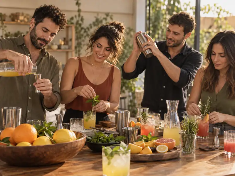 קבוצה מערבבת משקאות עם הדרים ועשבי תיבול בסדנת קוקטיילים