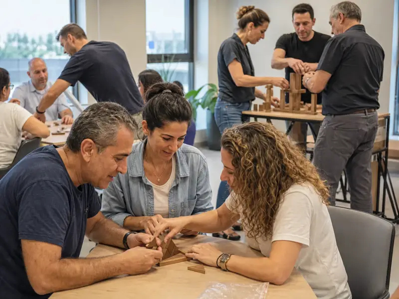 עובדים משתתפים יחד בתחנות פעילות ומשחק קבוצתי