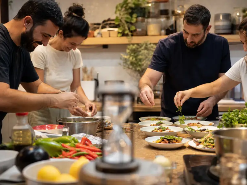 שני צוותי עובדים מכינים ומגישים מנות בתחרות בישול