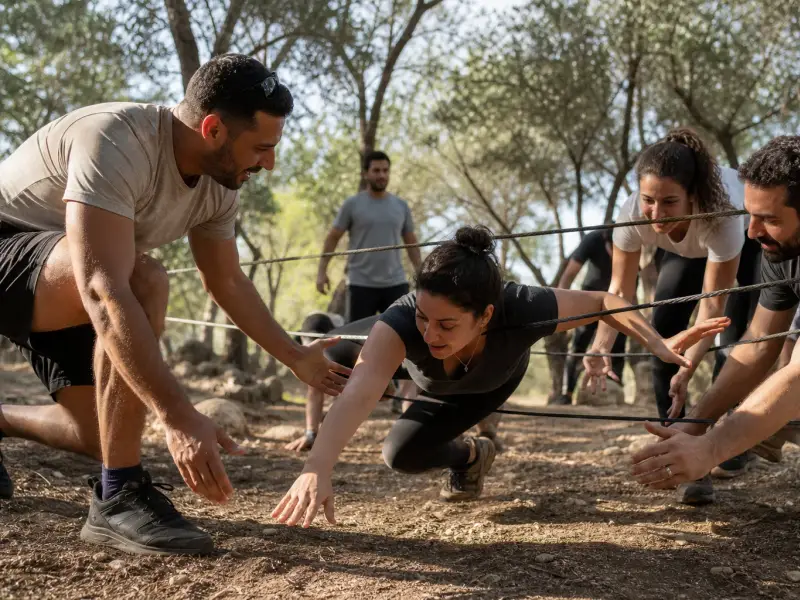 קבוצה משתפת פעולה במשימת אתגר מרגשת בחוץ