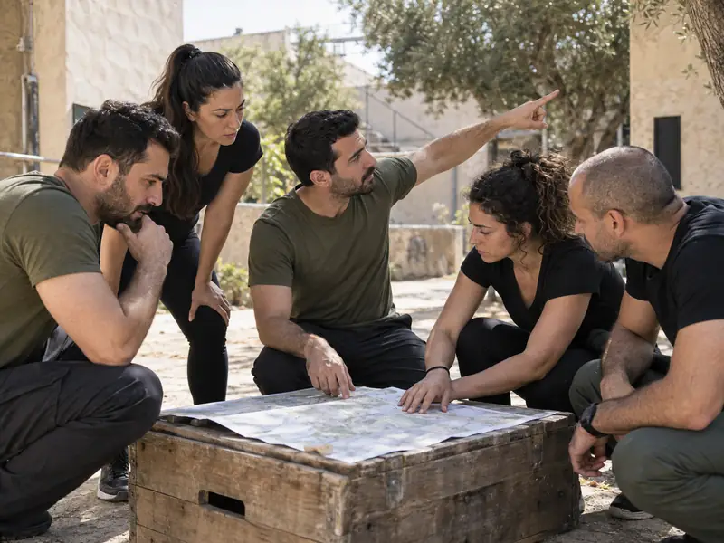 חברי צוות מתכננים יחד משימת ניווט טקטית בחצר אימונים