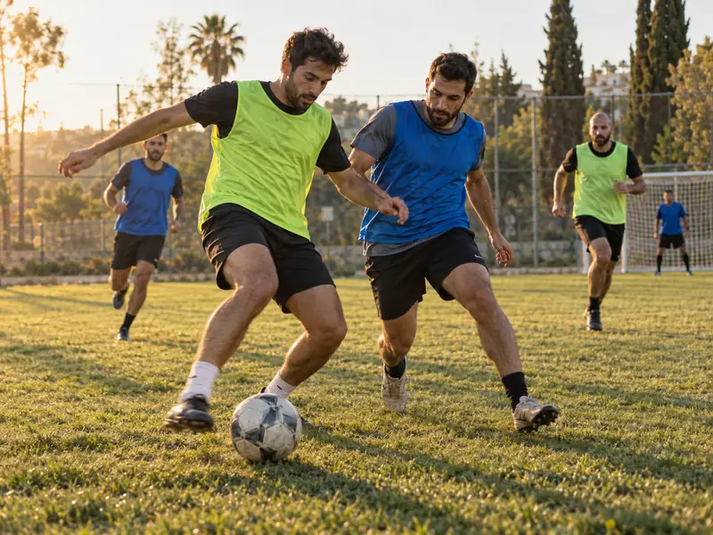 עובדים משחקים יחד במשחק כדורגל קבוצתי