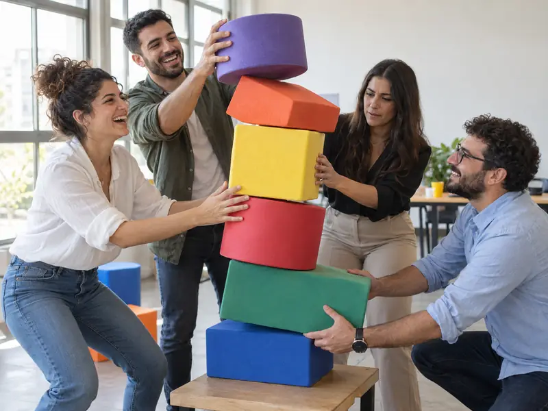צוות מנסה לייצב יחד מגדל צורות ספוג צבעוניות