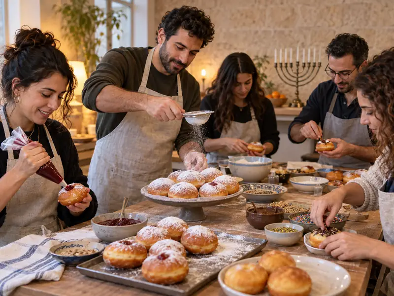 חברי צוות מקשטים יחד סופגניות במפגש חנוכה