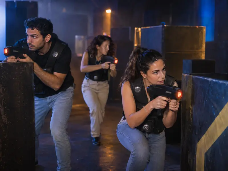 חברי צוות משתתפים במשחק לייזר טאג באולם פעילות