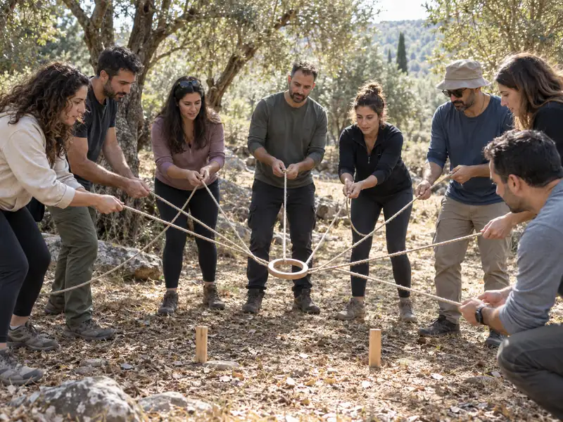 קבוצה משתפת פעולה במשימת חבלים בחורש ים תיכוני