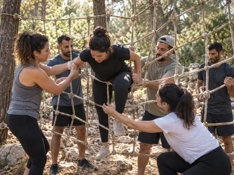 חברי צוות מסייעים זה לזה לעבור אתגר רשת וחבלים בחורש
