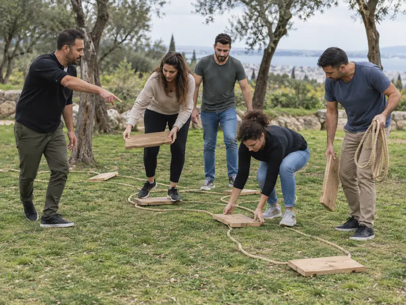 צוות מתכנן יחד מעבר בין לוחות עץ במשימת שטח