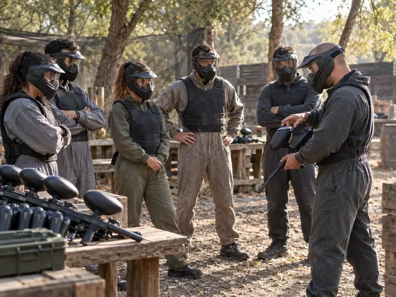 קבוצה מקבלת תדריך בטיחות לפני פעילות פיינטבול כללית