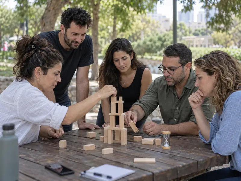 צוות משתף פעולה באתגר קצר של בניית מגדל עץ