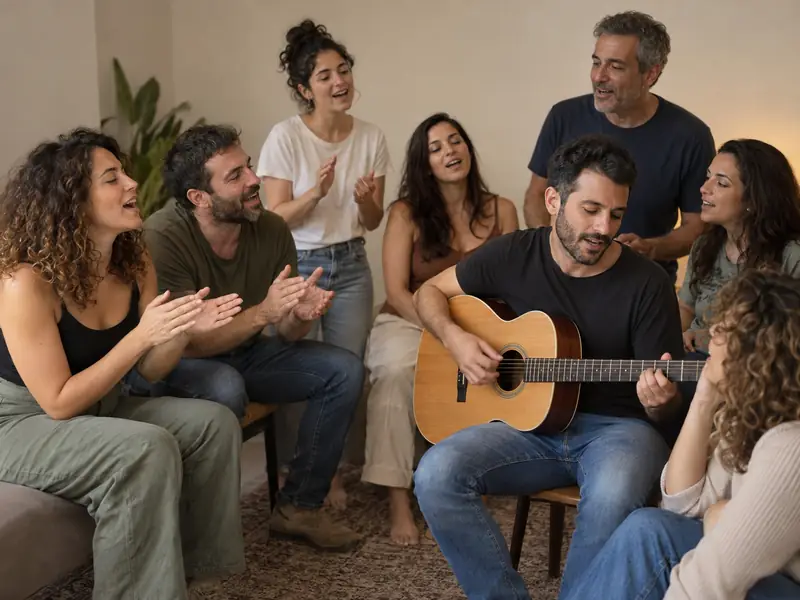 חברי צוות שרים יחד סביב נגן גיטרה במפגש קבוצתי