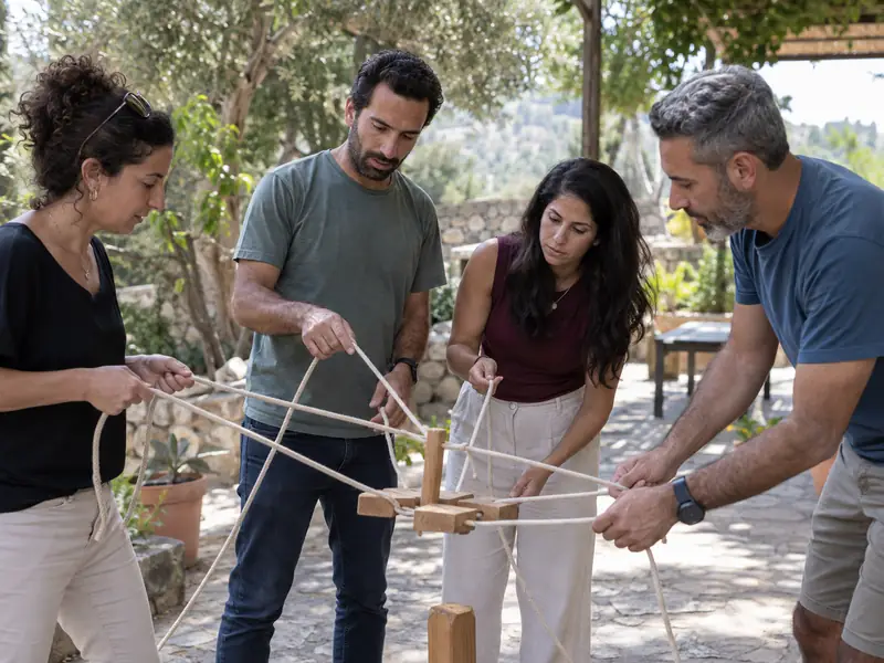 קבוצה קטנה משתפת פעולה בפתרון אתגר חבלים ועץ